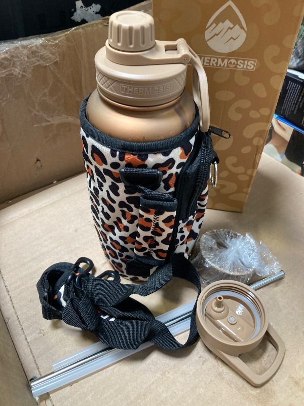 Photo 1 of 1PC-FAHRMOSIS 32 Oz Insulated Water Bottle with Strap Stainless Steel Sports Water Bottle with 3 Lids (Straw, Chug & Flip Lid) 1 Liter Leak Proof Insulated Metal Jug for Men & Women - Gold Leopard