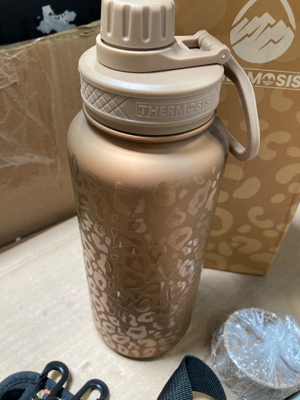 Photo 1 of 1PC-FAHRMOSIS 32 Oz Insulated Water Bottle with Strap Stainless Steel Sports Water Bottle with 3 Lids (Straw, Chug & Flip Lid) 1 Liter Leak Proof Insulated Metal Jug for Men & Women - Gold Leopard
