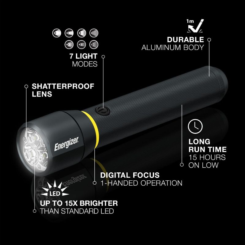 Photo 1 of Energizer LED Flashlight Vision PRO, Ultra Bright 1000+ Lumens, IPX4 Water Resistant, Aircraft-Grade Aluminum LED Light, Rugged Metal Flash Light for Outdoors, Emergency Power Outage, Black