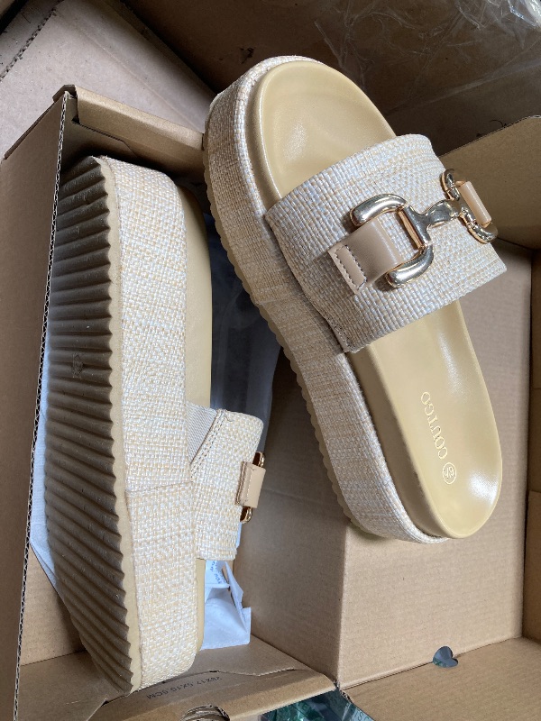 Photo 1 of 6--Coutgo Womens Platform Sandals Raffia Espadrilles Metal Chain Slip on Open Toe Cute Beach Slide Sandals, Beige, Size 6