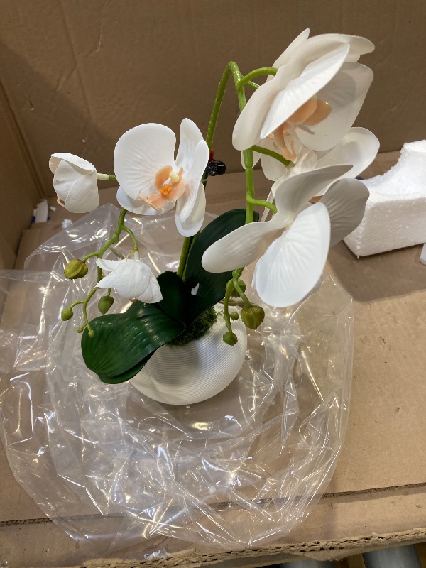 Photo 1 of Forlaoers Tall 17" White Real Touch Orchid Artificial Flowers with Vase Fake Orchids Silk Floral for Home Decor Indoor Bathroom Decoration Potted Office Table Centerpieces Arrangements