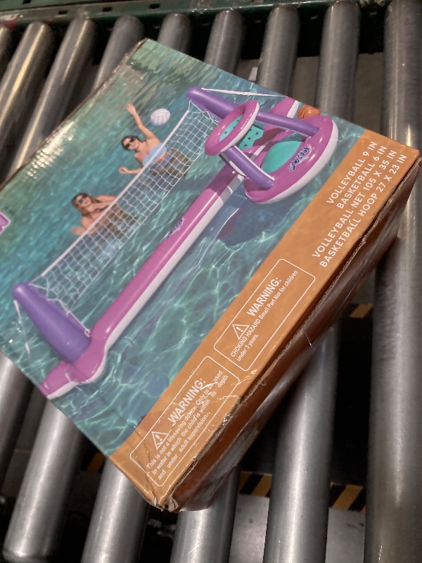Photo 1 of JOYIN Inflatable Pool Float Set Volleyball Net & Basketball Hoops, Floating Swimming Game Toy Floaties for Kids and Adults Volleyball Court (105”x28”x35”)|Basketball (27”x23”x27”),L-Pink Purple