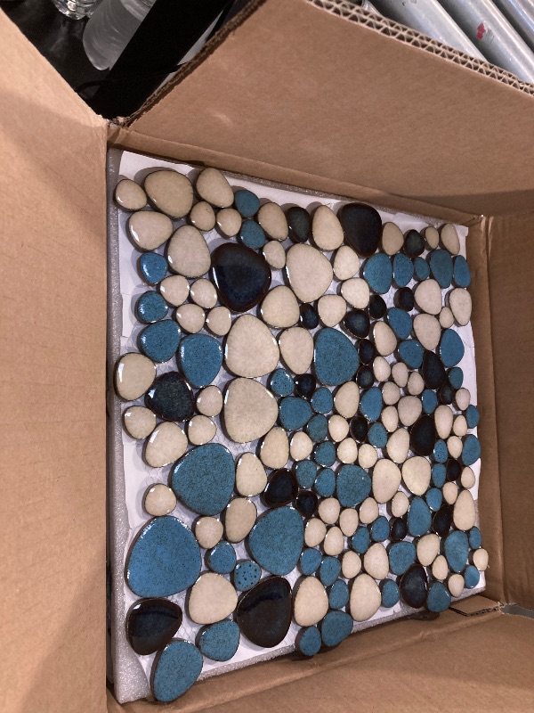 Photo 1 of Primoon Pebble Tiles 5 Sheets, Aqua Teal Blue Mosaic Tiles for Accent Wall Backsplash, Pebble Tile for Bathroom Shower Floor