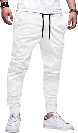Photo 1 of S--HOTake Mens Joggers Lightweight Elastic Waist Drawstring Tapered Khaki Pants Men White Small