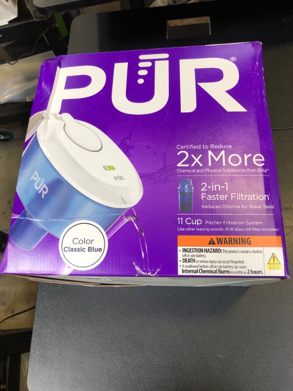 Photo 1 of PUR 11-Cup Water Pitcher, 1 Genuine PUR Filter, Cleaner, Great-tasting Water, Dishwasher Safe, Powerful Filtration, Filter Change Light Indicator, LockFit Cap Design - White