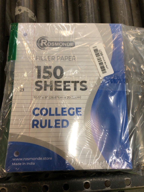 Photo 1 of Rosmonde Loose Leaf Paper, 450 Sheets, 3 Pack, College Ruled Paper, 8" x 10.5", Bulk Office Filler Paper, 3 Hole Punched, 150 Sheets/Pack, 56 gsm Paper, College Ruled Notebook Paper for Binder, White