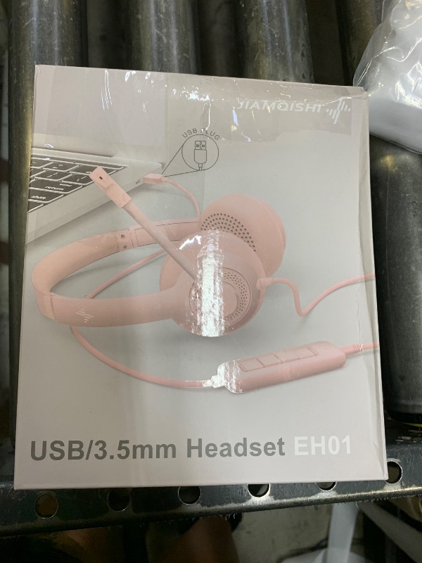 Photo 1 of JIAMQISHI USB Headset with Microphone for PC, On-Ear Computer Laptop Headphones with Noise Cancelling Mic in-line Control for Home Office Online Class Zoom (USB+3.5mm, Pink)