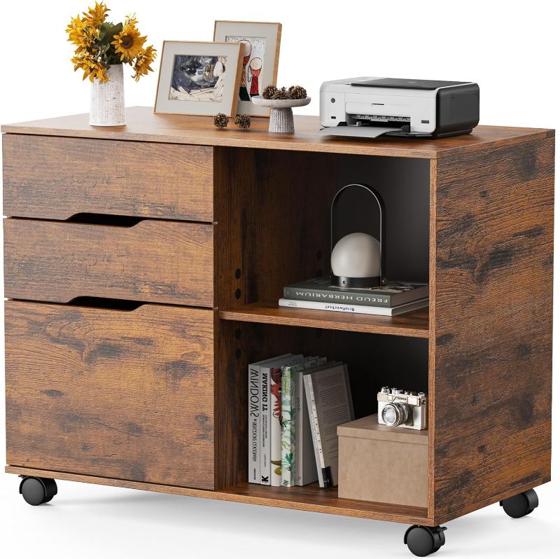 Photo 1 of Sweetcrispy 3-Drawer File Cabinet, Lateral Mobile Filing Under Desk Storage Organizer with Wheels, Wood Printer Stand & Open Shelves for Home Office Organization - Rustic Brown