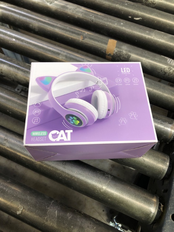 Photo 1 of KORABA Cat Ear Kids Headphones Bluetooth, LED Light up Wireless/Wired Mode Over Ear Headphones with Build in Microphone for School/Travel (Purple)