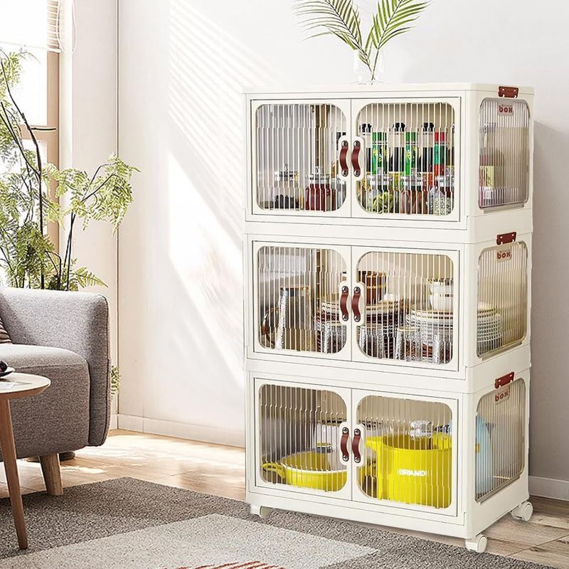 Photo 1 of Multi-Purpose Stackable Plastic Storage Bins with Wheels & Lids - Space-Saving Foldable & Collapsible Organizers for Home, Pantry, Office, Dorm, Craft Room & Closet (3 Layers)