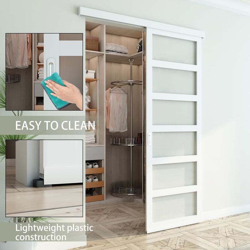 Photo 1 of 36in x 84in Sliding Barn Door with 6.6ft Barn Door Hardware Kit & Handle, Pre-Drilled Holes Easy Assembly -Solid Barn Door Slab Covered with Water-Proof PVC Surface, White, 5 Panel
