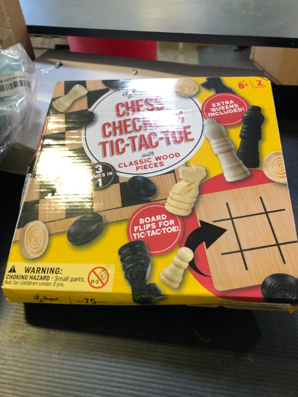Photo 1 of Regal Games - Reversible Wooden Board for Chess, Checkers & Tic-Tac-Toe - 24 Interlocking Wooden Checkers and 32 Standard Chess Pieces - for Age 8 to Adult for Family Fun