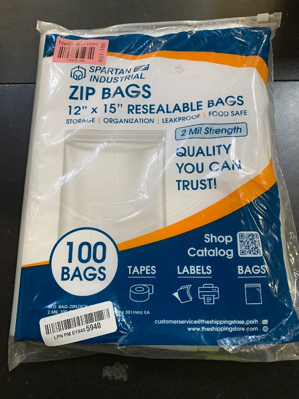 Photo 1 of Spartan Industrial - 12" X 15" (100 Count) 2 Mil Clear Reclosable Zip Plastic Poly Bags with Resealable Lock Seal Zipper