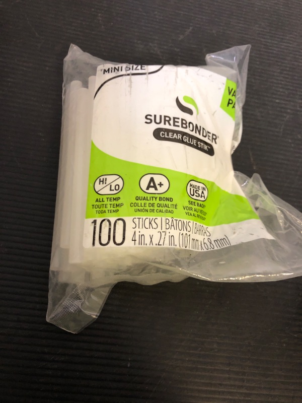Photo 1 of Surebonder DT-100 Mini Size Hot Glue Sticks for Mini Glue Guns 0.27 in. Diameter, 4 in. Length - All Purpose, All Temperature - Great for DIY, Arts, and Crafting - 100 Pack, Clear