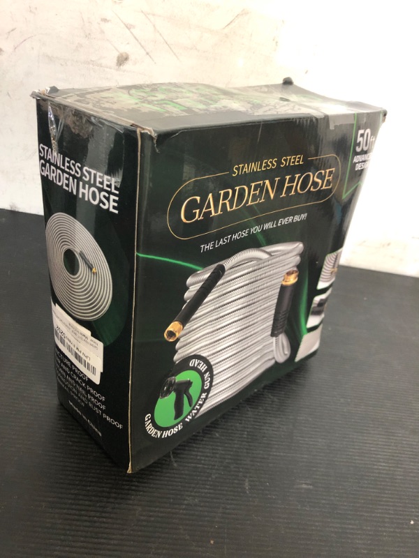 Photo 1 of Garden Hose 50 FT, Metal Stainless Steel Water Hose with 10 Function Nozzles, No Kinks, Flexible Hose, Lightweight, Puncture Proof, Heavy Duty Hose for Yard and Outdoor