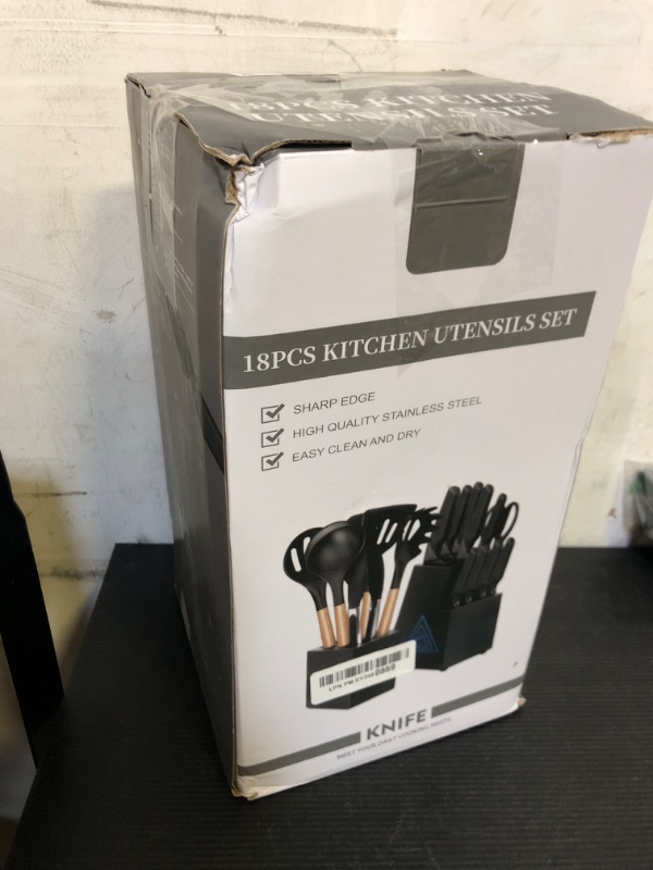 Photo 1 of Kitchen Knife Set,18 Pieces Black Kitchen Utensils Set with Holder and Kitchen Professional Chef Knife Set for Cooking,Non-Stick Heat Resistan Silicone Utensils Set with Wooden Handle (Black)
