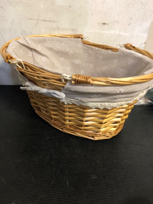 Photo 1 of Large Multipurpose Wicker Basket with Handle, 14.2 x 11 x 6.7 Inch Wicker Picnic Basket with Liner, Empty Gift Basket, Oval Willow Woven Basket for Fruit, Wine, Gathering, Wedding, Picnic,by GNIEMCKIN