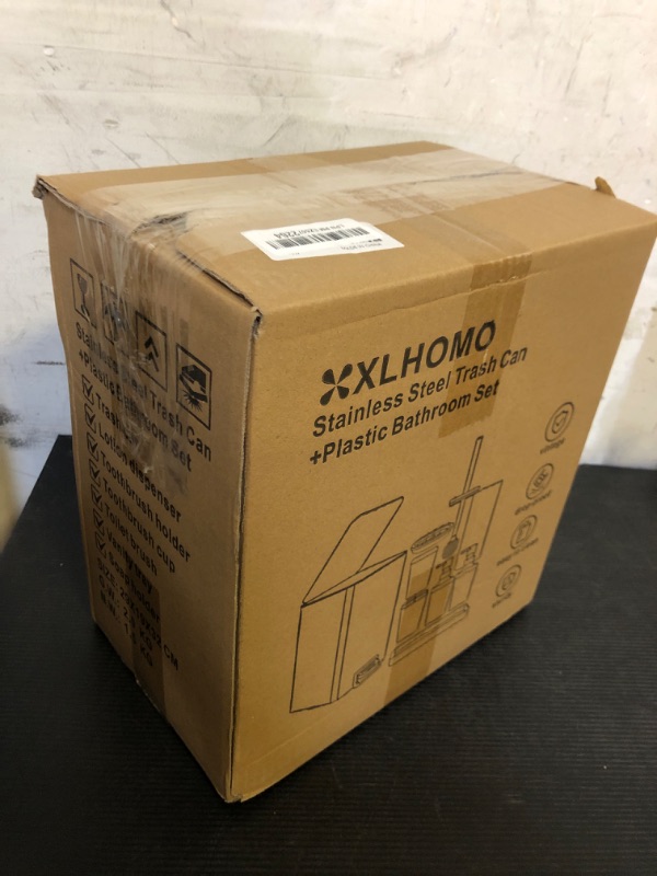Photo 1 of XLHOMO Small Bathroom Trash Can with Lid Soft Close, 1.8 Gallon Stainless Steel Garbage Can with Removable Inner Bucket,3PCS Soap Dispenser,75Count Trash Bag, Slim Step Pedal Trash Bins