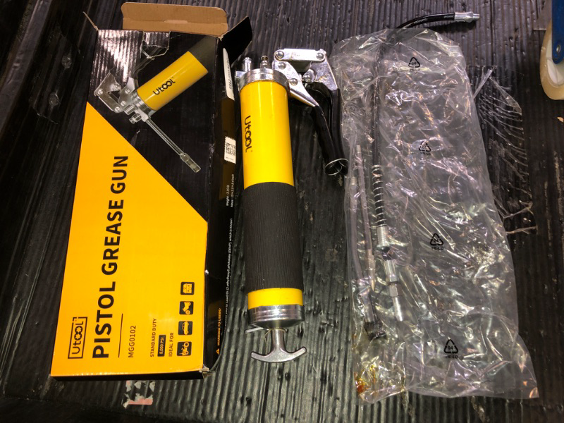 Photo 1 of UTOOL Grease Gun, 8000 PSI Heavy Duty Pistol Grip Grease Gun Kit with 14 oz Capacity, 18 Inch Resin Flex Hose, 2 Basic Coupler, 2 Extension Rigid Pipe and 1 Sharp Type Nozzle, Argent Matte Finish