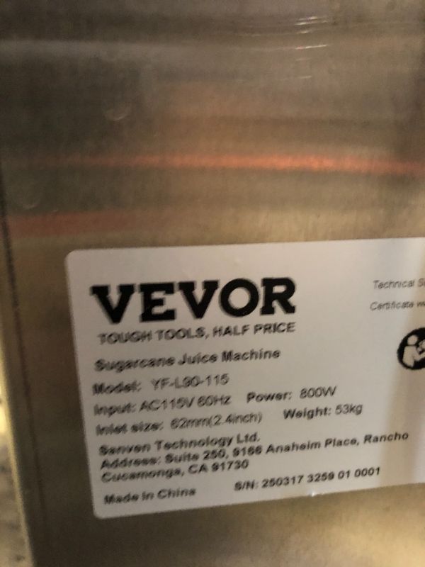 Photo 1 of VEVOR Electric Sugar Cane Juicer, 800W Sugarcane Juicer Machine with 661LBS/H High Output, 3 Stainless Steel Rollers, 2.4" Large Inlet, Sugarcane Juice Extractor Squeezer on Wheels for Home/Commercial