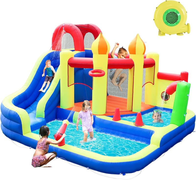 Photo 1 of Blow Up Water Slides for Kids Backyard, Large Jumping Bouncy Castle for Kid Outdoor, 8in1 Inflatable Bounce House with 450W air Blower