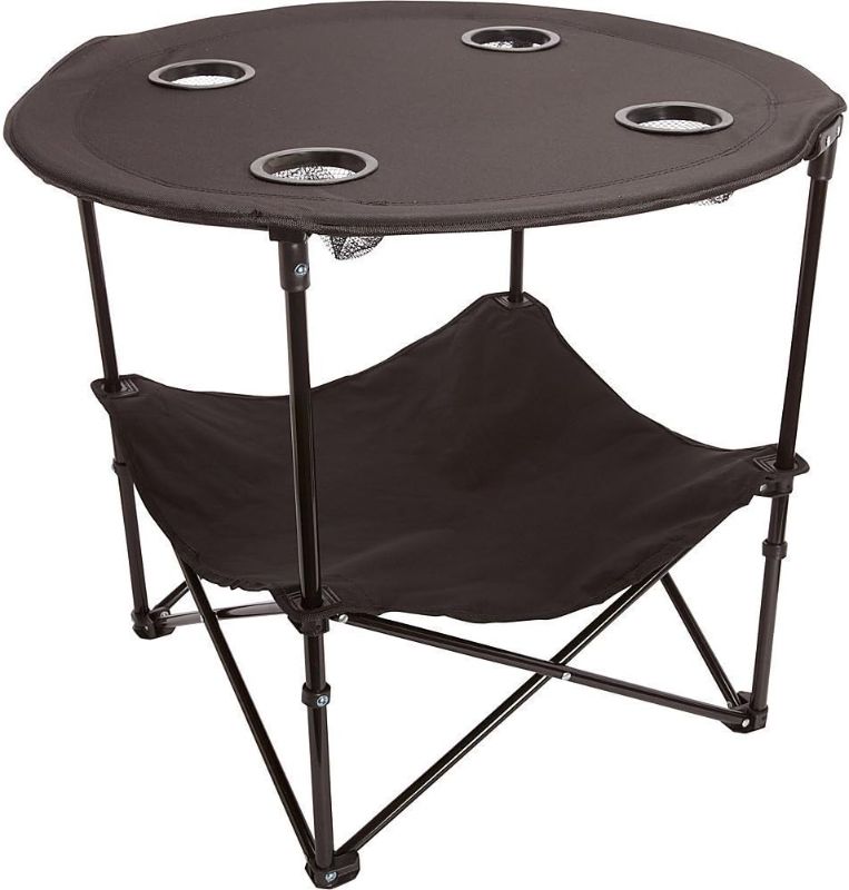 Photo 1 of Preferred Nation | 2 Tier Folding Camping Table with 4 Mesh Cup Holders Black | Polyester with Metal Frame | Compact, Convenient Carry Case Included | Side Table for Tailgate
