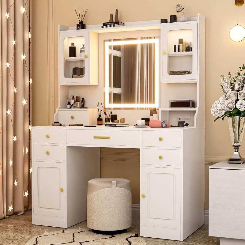 Photo 1 of Vanity Desk with Mirror and Lights, 42IN Makeup Table with 6 Drawers and 2 Cupboard Storage, Vanity Makeup with Power Outlet | LED Light with 3 Color Modes | Adjustable Brightness | White
