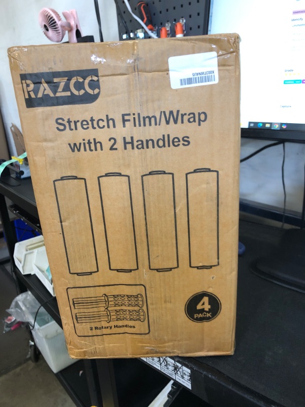 Photo 1 of Stretch Film, RAZCC Stretch Wrap Industrial Strength, Shrink Wrap for Pallet Wrap, Heavy Duty Clear Plastic Wrap with Handles, Moving Wrapping Plastic Roll, 15" x 1000 Ft Per Roll, 60 Gauge, 4 Pack