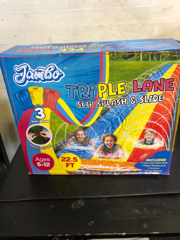 Photo 1 of JAMBO 22.5ft Triple Lane Slip Splash and Slide with 3 Bodyboards with Built in Surround Sprinkler for Backyard Outdoor Water Fun for Kids1048937288
