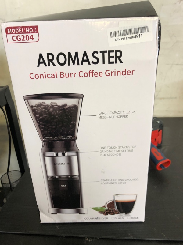 Photo 1 of Aromaster Coffee Bean Grinder with 48 Gind Settings, Conical Burr Coffee Grinder for Home Use,Stainless Steel,40 Seconds Adjustable Timer,Anti-static,Easy to Clean with Brush