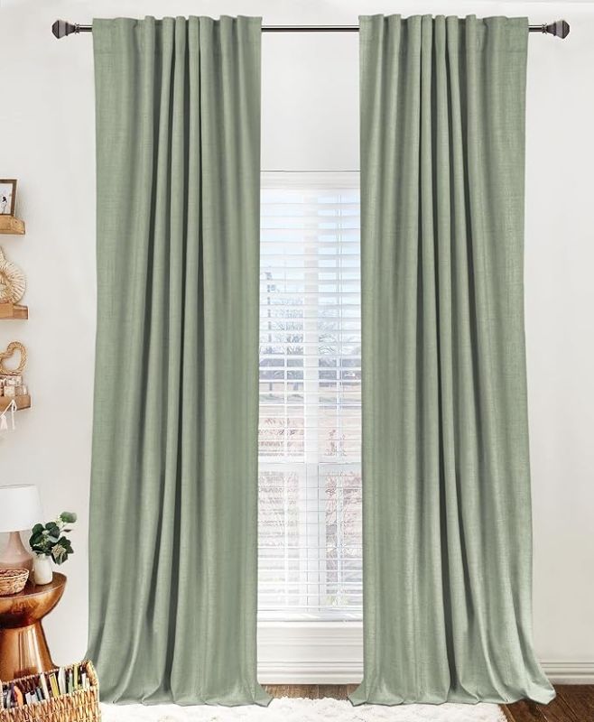 Photo 1 of 100% Blackout Shield Linen Blackout Curtains for Bedroom 95 Inches Long, Back Tab/Rod Pocket Living Room Drapes, Thermal Insulated Blackout Curtains 2 Panels Set, 50" W x 95" L, Sage