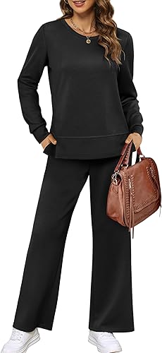 Photo 1 of XIEERDUO Women Two Piece Outfits 2 PC Lounge Sets Fall Long Sleeve Travel Tracksuit Winter Track Suit Airport Loungewear Vacation Sweatsuit Wide Leg Pants Matching Set XXL