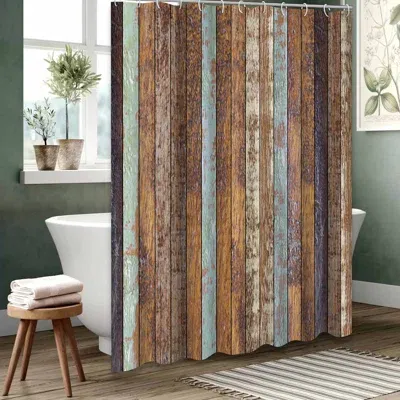 Photo 1 of Rustic Outdoor Wall Shower Curtain, Brown Camo Shower Curtain Set for Bathroom, Vintage Wooden Bran Door Green Leaves Fabric Shower Curtain Restroom Bathtub Decor Accessories with Hooks 72X 72 inch
