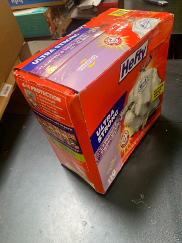 Photo 1 of Hefty Ultra Strong 13 Gallon Trash Bags, Tall Kitchen Trash Bags 13 Gallon Size, Drawstring Closure, Continuous Odor Control, White, Lavender and Sweet Vanilla Scent, 110 Bags