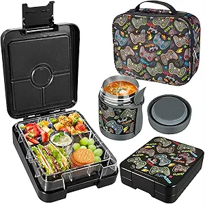Photo 1 of Bento Lunch Box Set for Kids with 10oz Soup Thermo, Leak-Proof Lunch Containers with 4 Compartment, Kids Thermo Hot Food Jar and Insulated Lunch Bag for Kid to School,BPA-Free(Black)
