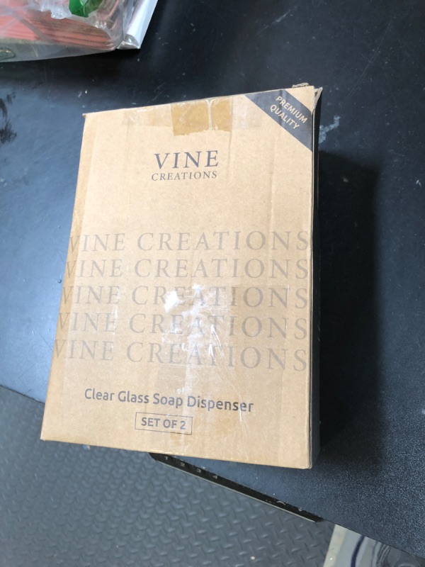 Photo 1 of Vine Creations Clear Glass Soap Dispenser, 2 Pack Kitchen Soap Dispenser Set with Stainless Steel Pump, 16 oz Dish Soap and Hand Soap Dispensers for Bathroom with Waterproof Labels