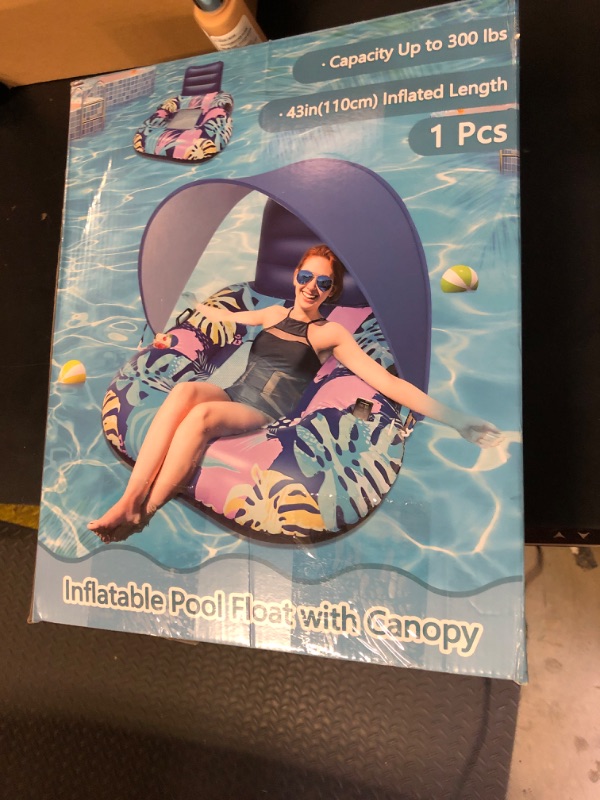 Photo 1 of 2025 Upgraded Pool Float with Canopy, 2 Cup Holders - XL Inflatable Pool Floats with Adjustable Sun Shade Cover, Dual Handles, Ergonomic Headrest, Heavy Duty Adult Floats for Pool, Beach, Lake