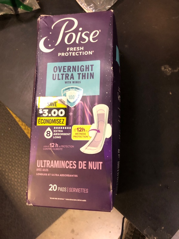 Photo 1 of Poise Overnight Ultra Thin Incontinence & Postpartum Pads with Wings for Bladder Leaks, 8 Drop Extra Absorbent, Long Length, 20 Count