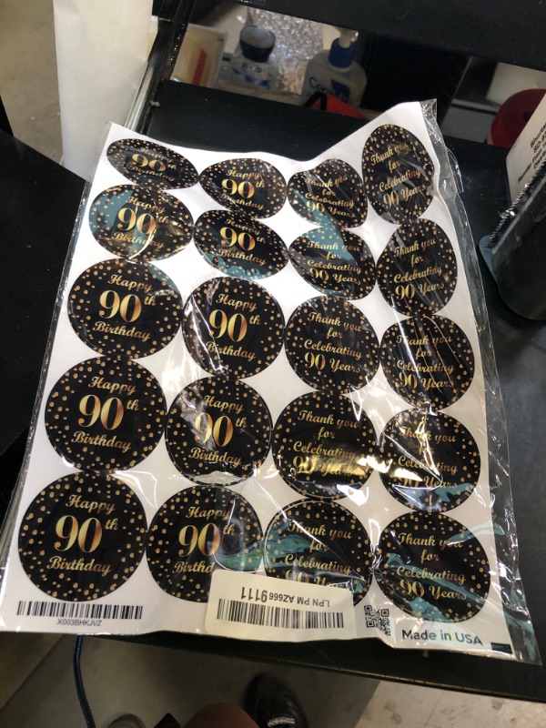 Photo 1 of 90th Birthday Round 2 Inch Big Glossy Stickers, Thank You for Celebrating 90 Years Black and Gold Labels, Great for Party Favors, Decorations, Tags, Gift Bags and Supplies. Made in USA