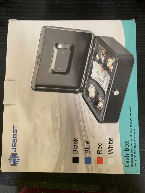 Photo 1 of Jssmst Cash Box with Key Lock, Money Box with Cash Tray, Lock Box, Black, Large
