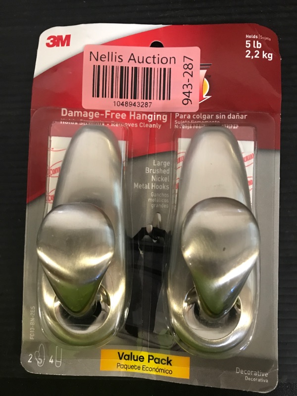Photo 1 of Command 5 lb Large Brushed Nickel Metal Hooks, 2 Coat Hooks and 4 Command Strips, Damage-Free Hanging with Adhesive, Great for Hanging Home and Room Decor