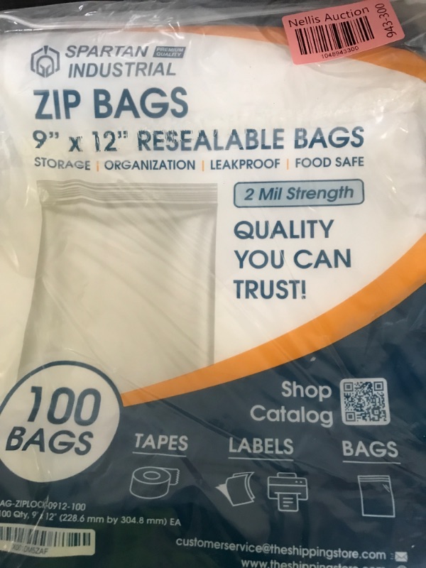 Photo 1 of Spartan Industrial - 9" X 12" (100 Count) 2 Mil Clear Reclosable Zip Plastic Poly Bags with Resealable Lock Seal Zipper