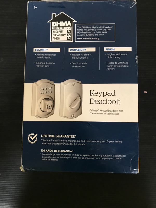 Photo 1 of Schlage BE365 V CAM 619 Camelot Keypad Deadbolt, Electronic Keyless Entry Lock, Satin Nickel