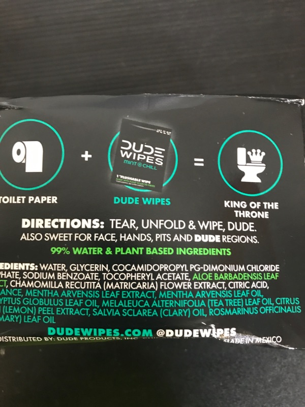 Photo 1 of DUDE Wipes - On-The-Go Flushable Wipes - 1 Pack, 30 Wipes - Mint Chill Extra-Large Individually Wrapped Adult Wet Wipes - Eucalyptus & Tea Tree Oil - Septic and Sewer Safe