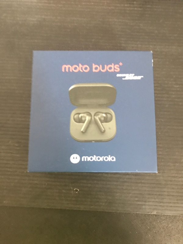 Photo 1 of Moto Buds+ Headphones with Sound by Bose, Dual Dynamic Drivers and Optimal Resolution Sound, Dolby Head Tracking and Dolby Atmos, Dynamic Active Noise Cancellation - Black