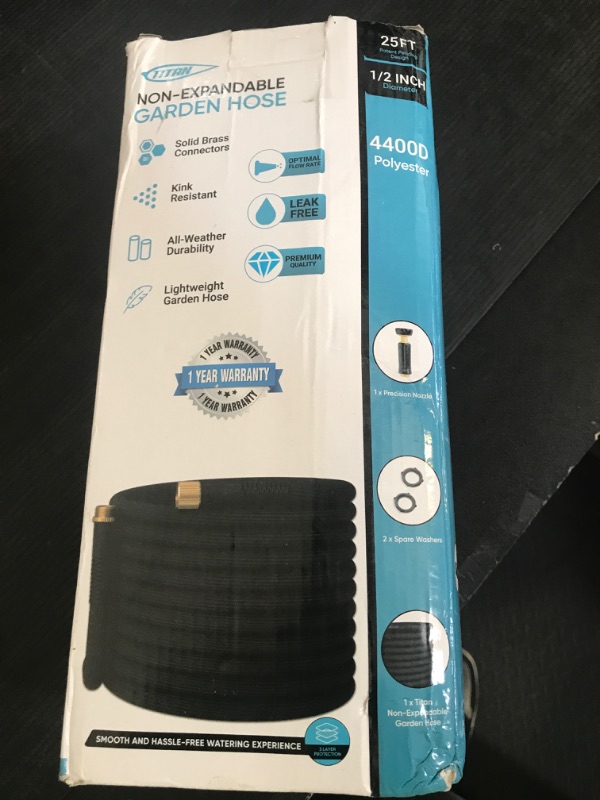 Photo 1 of TITAN Garden Hose | Flexible, Lightweight, Kink-Free & Durable Hybrid Water Hose with Heavy Duty Brass Connectors & High-Pressure Jet Nozzle (25FT x 5/8”)