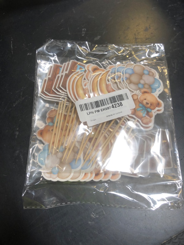 Photo 1 of Cyodoos 36 PCS Baby Shower Bear Cupcake Toppers Selection Baby Bear Theme Baby Shower Decorative Supplies Jungle Animal Theme Birthday Party Cake Decorative Supplies blue