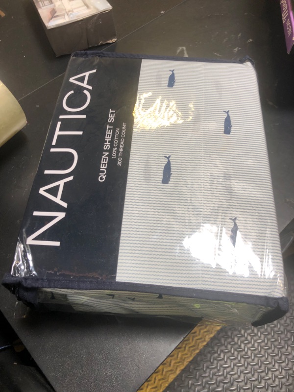 Photo 1 of Nautica - Queen Bed Sheets, Cotton Percale Bedding with Matching Pillowcases, Fully Elasticized, Oeko-Tex Certified (Whale Stripe Blue)