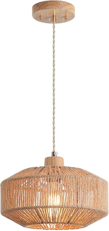 Photo 1 of Coastal Woven Pendant Light Fixture One-Light Adjustable Natural Hemp Rope Cage Pendant Lighting for Kitchen Island Sink Farmhouse Dining Room
