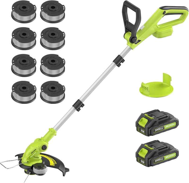 Photo 1 of Electric String Trimmer Cordless with 2x2.0Ah Battery, 20V Battery Powered 12-inch Lawn Mover & Edger Lawn Tool with Charger, Powered Grass Trimmer with 8pcs Spool Line for Yard, Garden, Green
